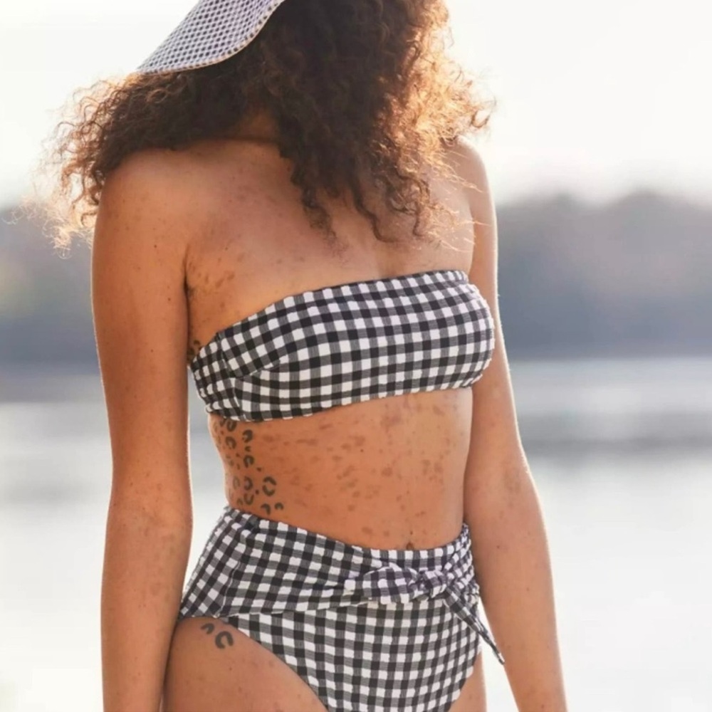 AERIE Gingham Bandeau Bikini Top Black White Large L